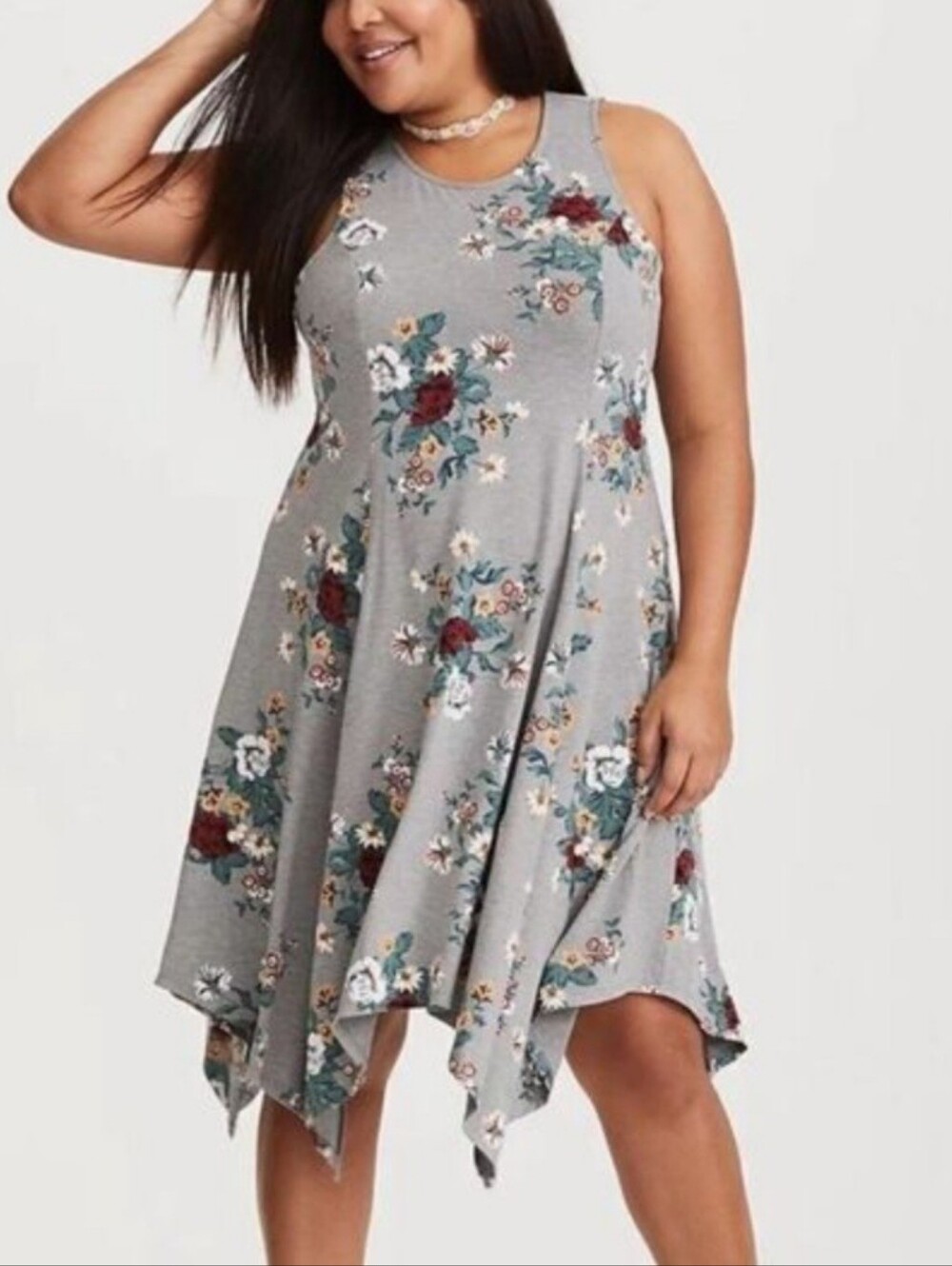 torrid Gray Floral Handkerchief Hem Dress